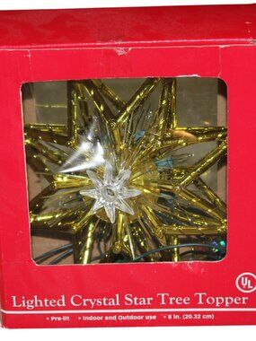 Vintage Christmas Tree Topper Lighted Crystal Star Gold Clear Big Lots 8" WORKS